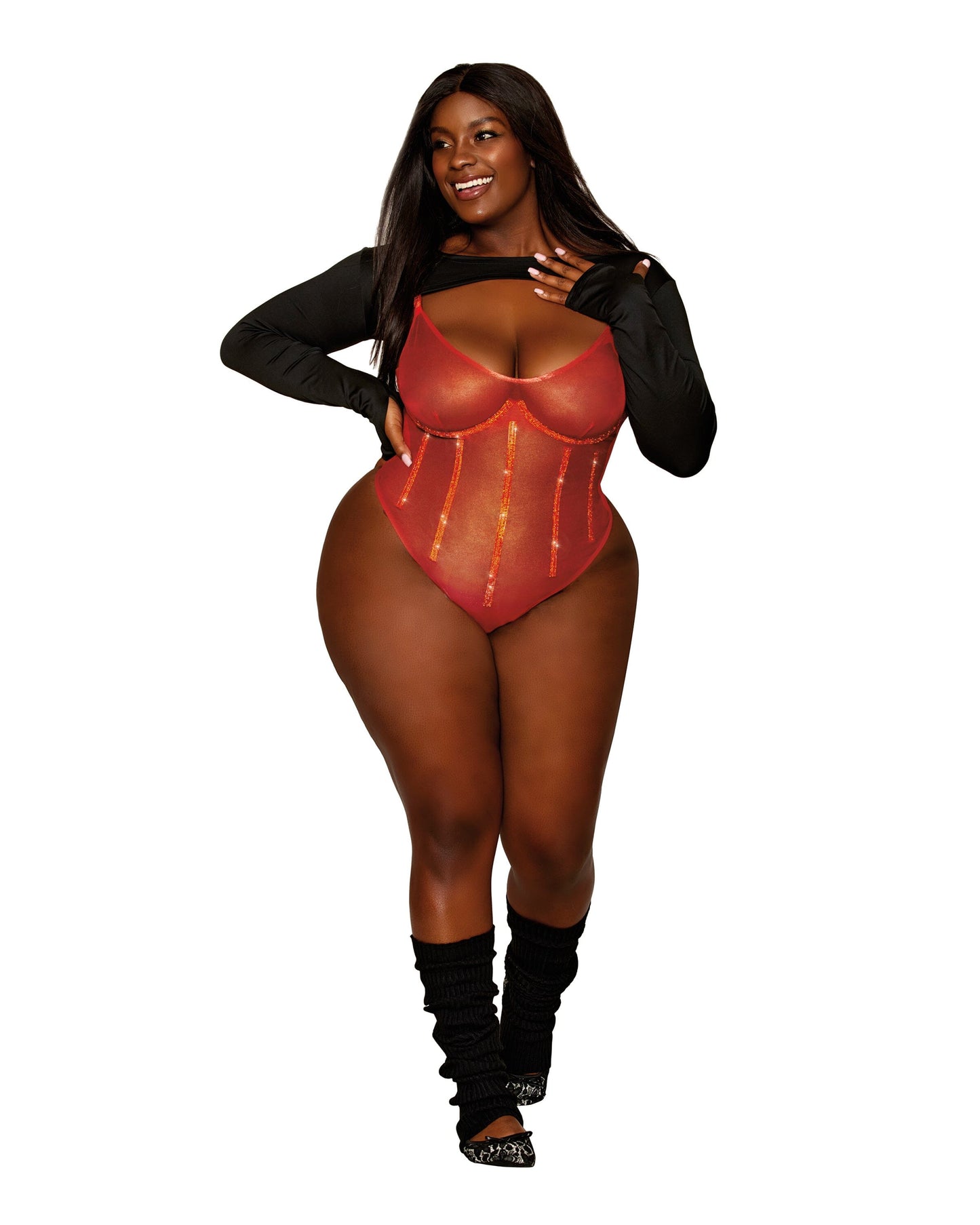 Gold-foiled Stretch Mesh Teddy with Rhinestone Detailing and Heat-Sealed Edges