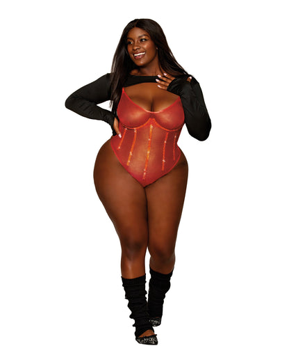 Gold-foiled Stretch Mesh Teddy with Rhinestone Detailing and Heat-Sealed Edges