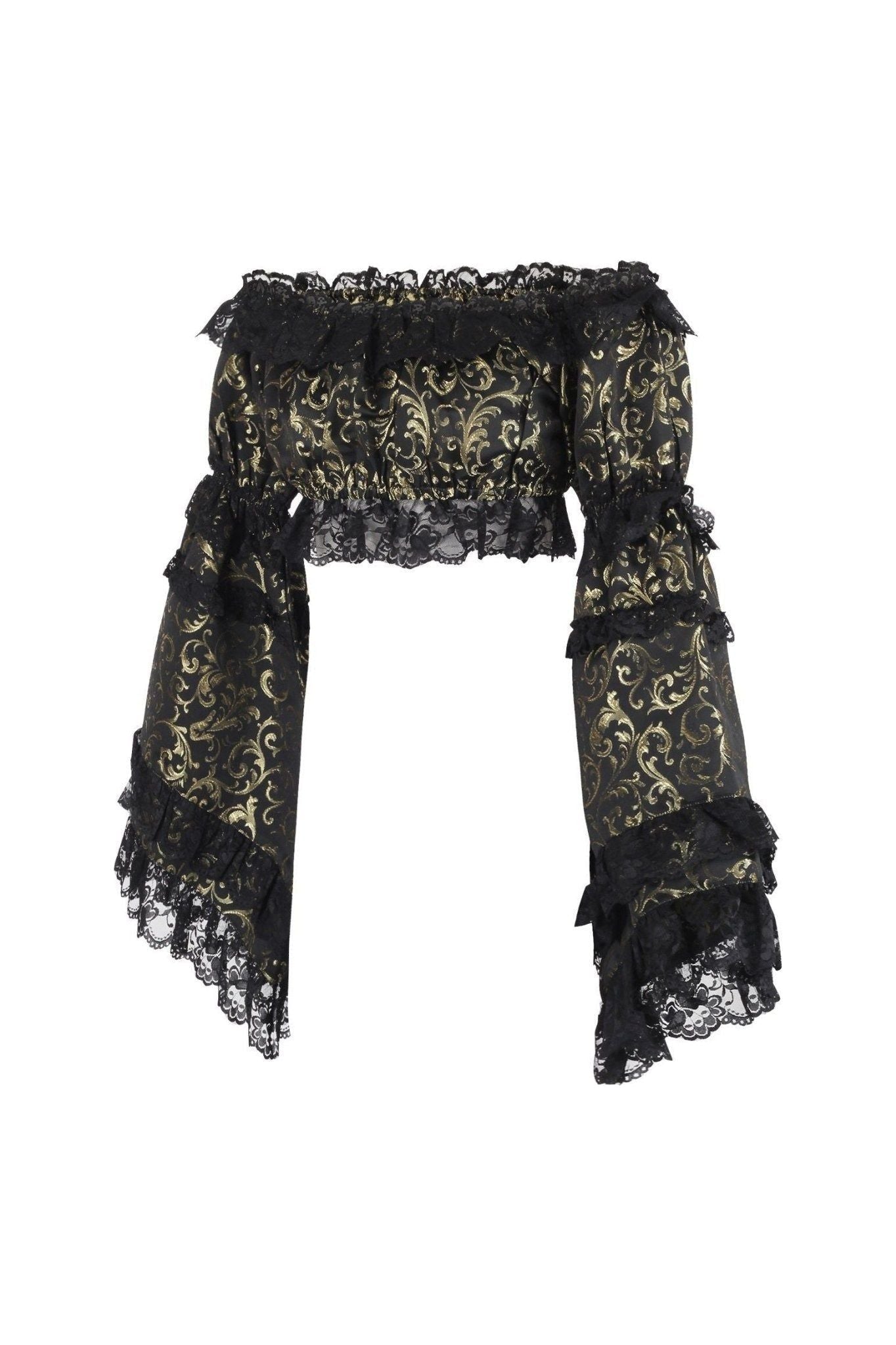 Gold/Black Brocade Smocked Flare Sleeve Peasant Top.