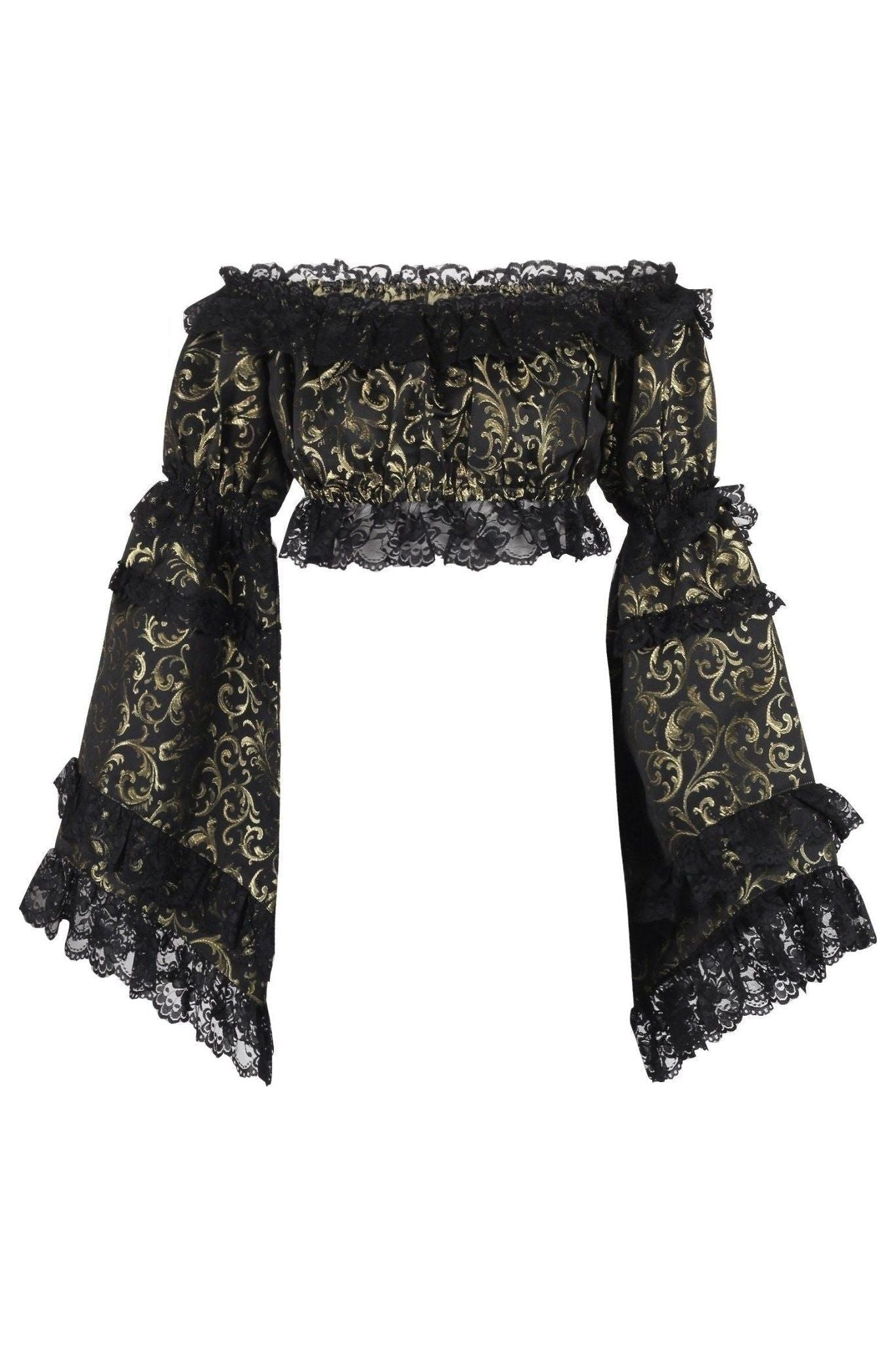 Gold/Black Brocade Smocked Flare Sleeve Peasant Top.