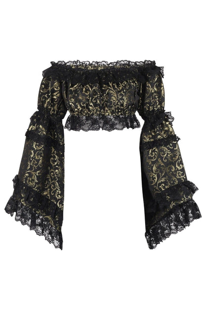 Gold/Black Brocade Smocked Flare Sleeve Peasant Top.