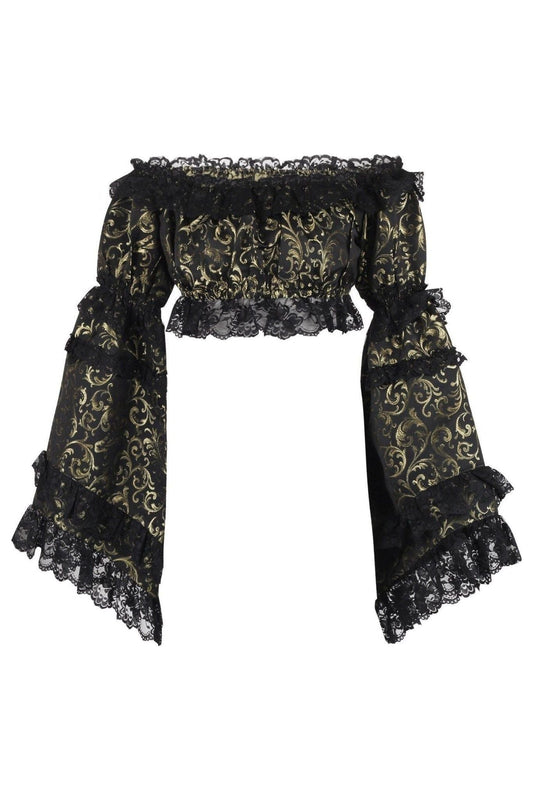 Gold/Black Brocade Smocked Flare Sleeve Peasant Top.