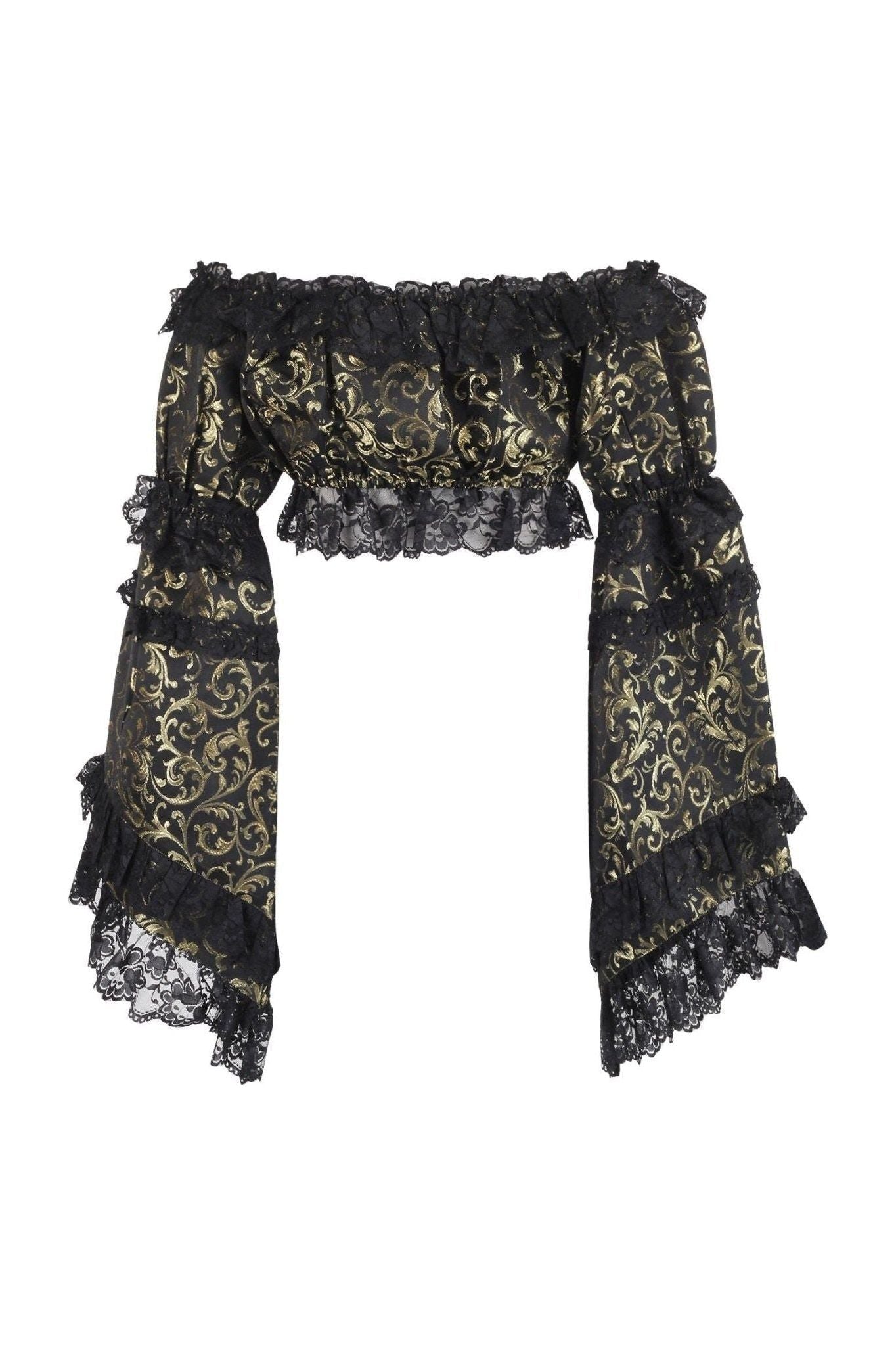 Gold/Black Brocade Smocked Flare Sleeve Peasant Top.