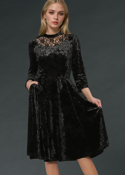 Black Velvet Gothic Dress with Lace Details