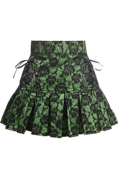 Green Satin w/Black Lace Overlay Lace-Up Skirt