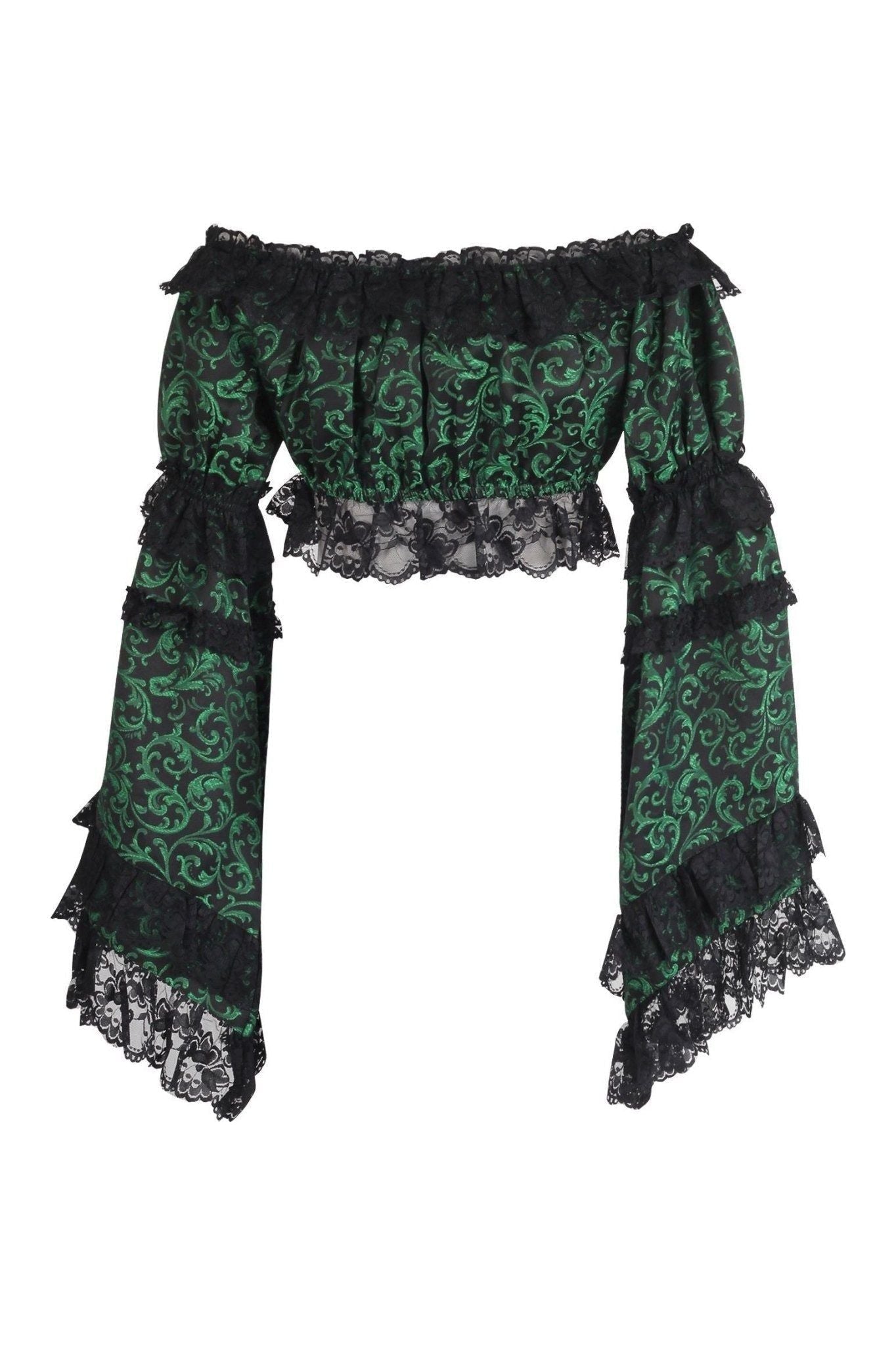 Green/Black Brocade Smocked Flare Sleeve Peasant Top.