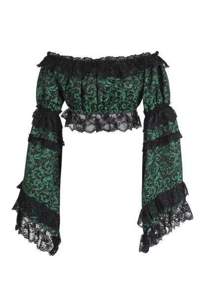 Green/Black Brocade Smocked Flare Sleeve Peasant Top.