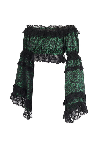 Green/Black Brocade Smocked Flare Sleeve Peasant Top.