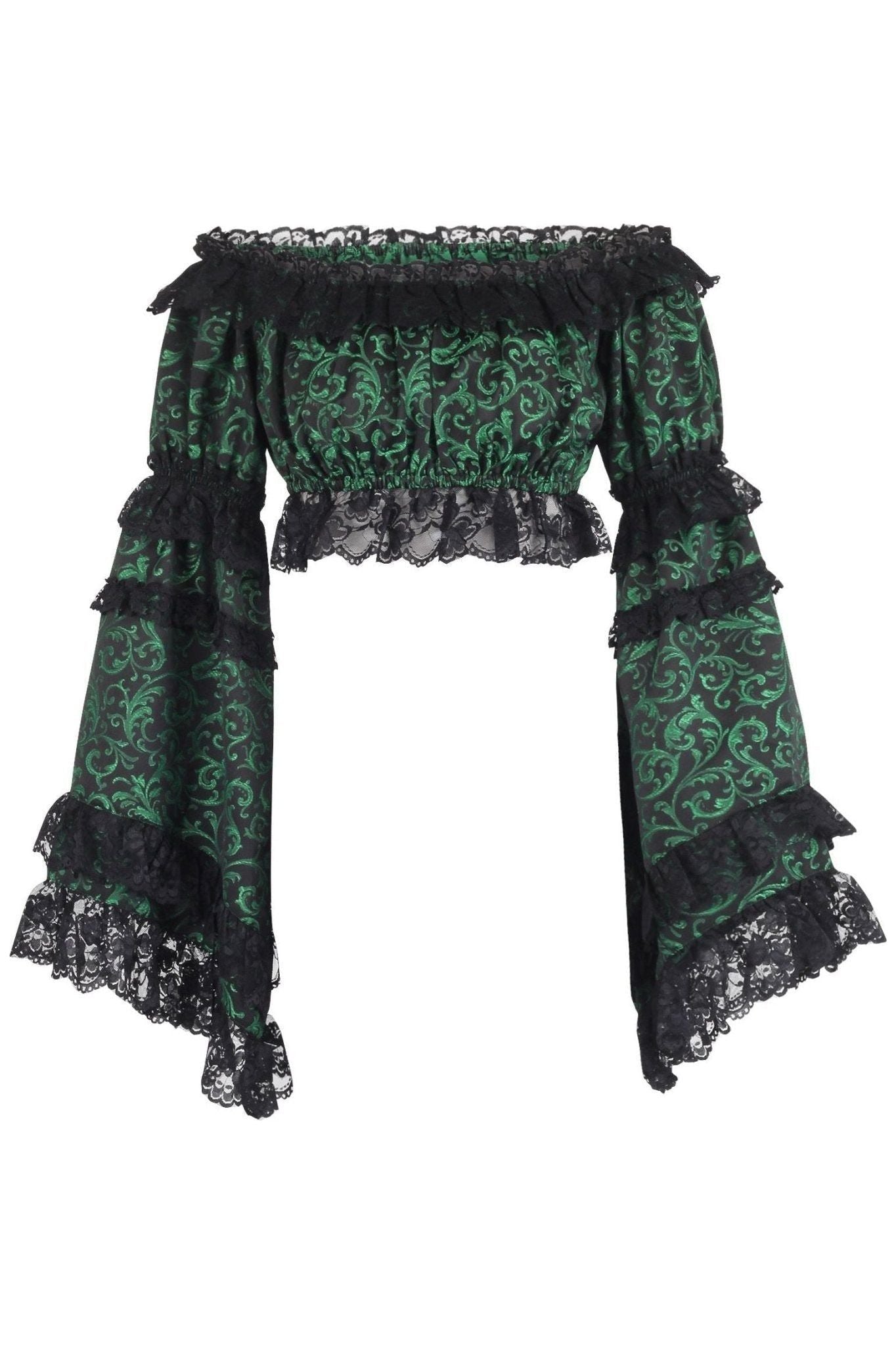 Green/Black Brocade Smocked Flare Sleeve Peasant Top.