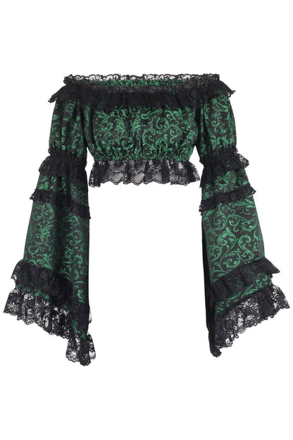 Green/Black Brocade Smocked Flare Sleeve Peasant Top.