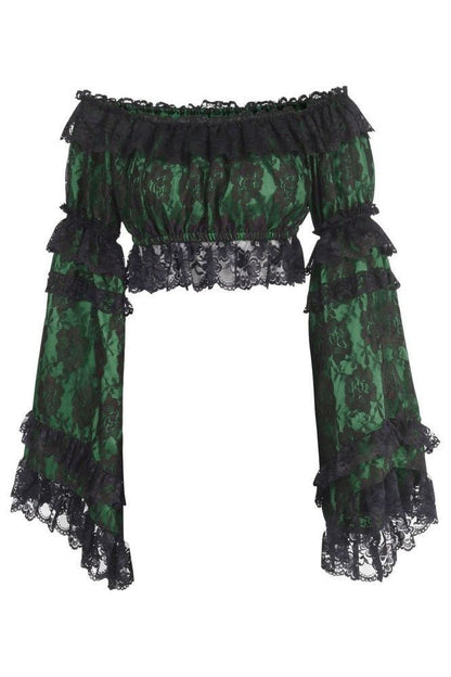 Green/Black Lace Smocked Flare Sleeve Peasant Top