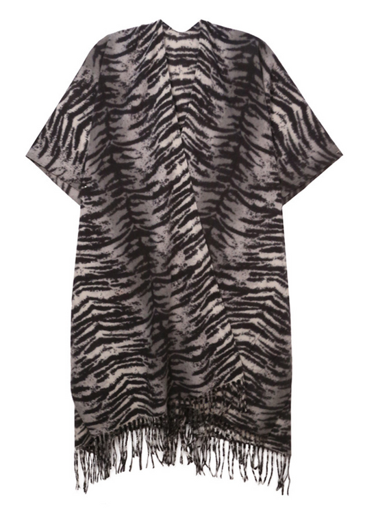Grey Tiger Kimono Animal Print Fringe Cardigan