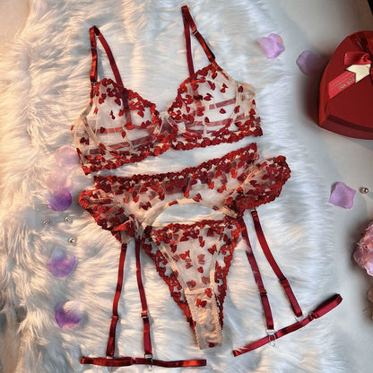 Heartstrings Embroidered 4 Piece Lingerie Set - Unspoken Fashion