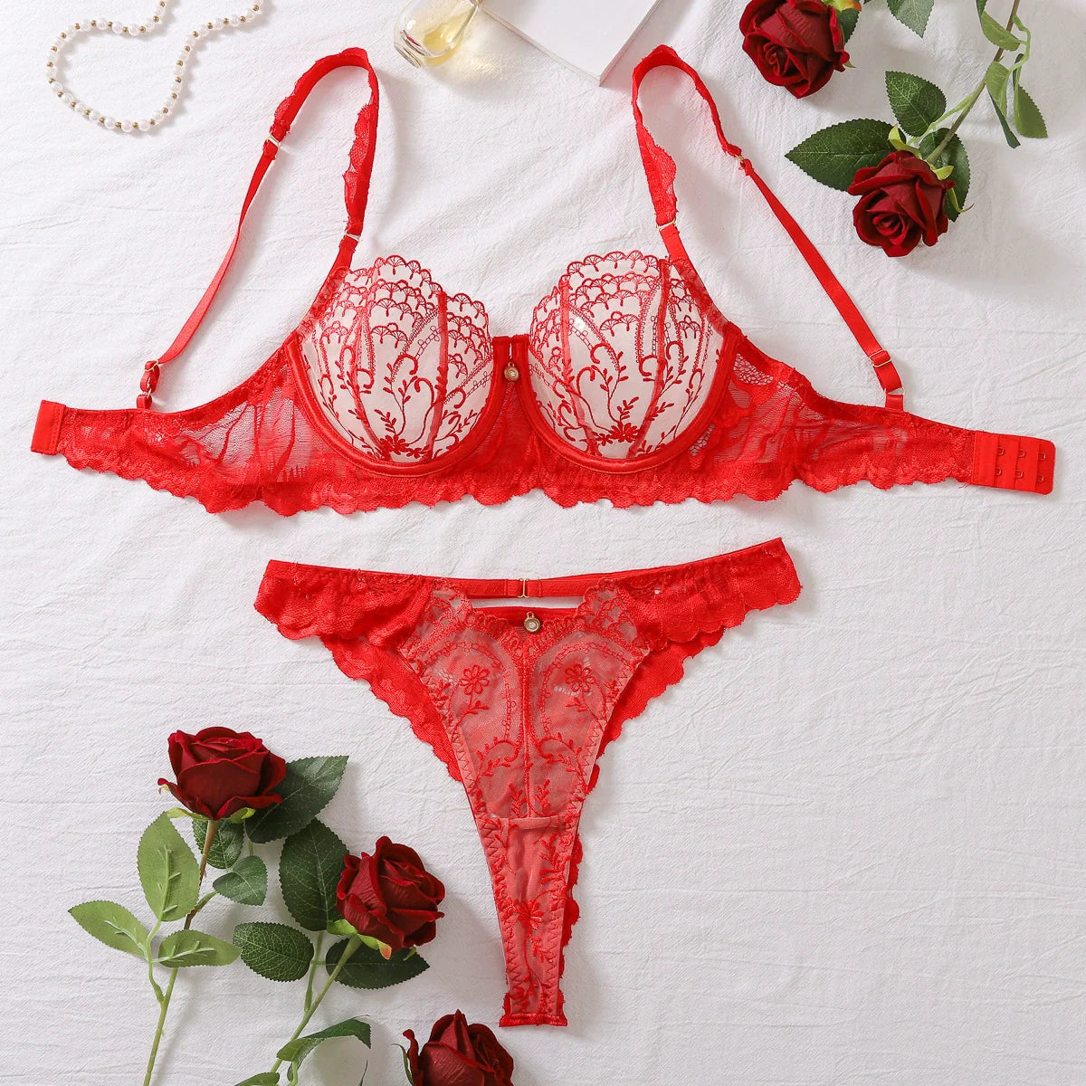 Ruby Romance Embroidered Lace 2 Piece Lingerie Set