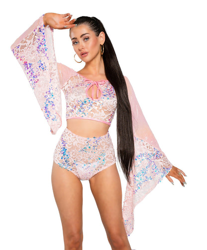J. Valentine Rave Fishnet/Mesh Sequin Flair Sleeve Top