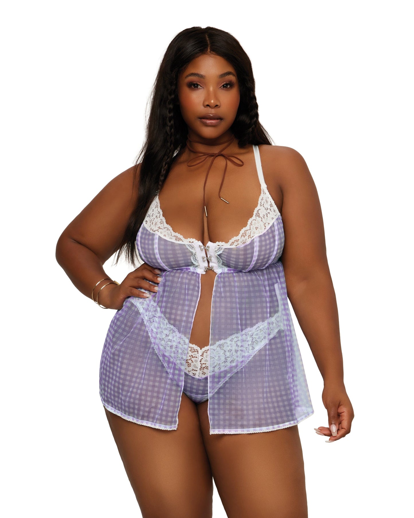 Dreamgirl Lace and Gingham Printed Mesh Babydoll and Panty Set
