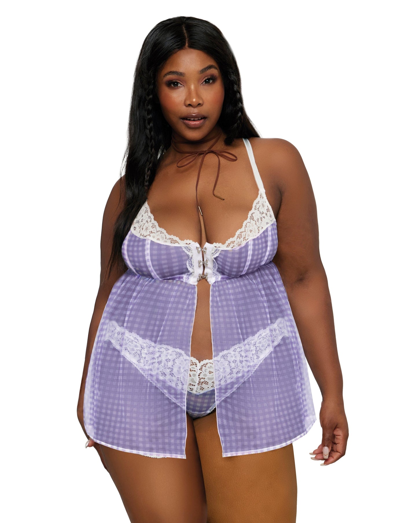 Dreamgirl Lace and Gingham Printed Mesh Babydoll and Panty Set