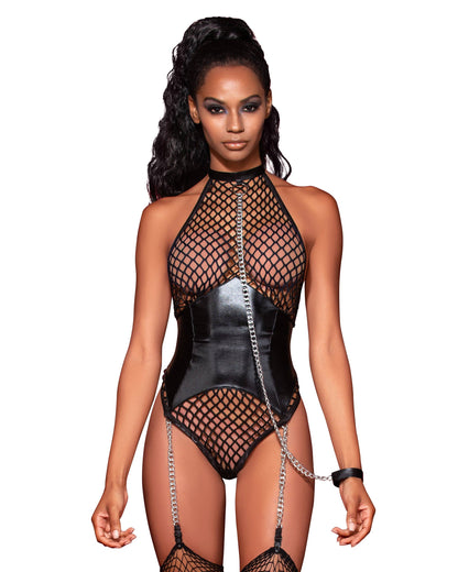 Dreamgirl Large Fishnet Corset-Style Halter Teddy with Attached Collar & Chain Leash Accent