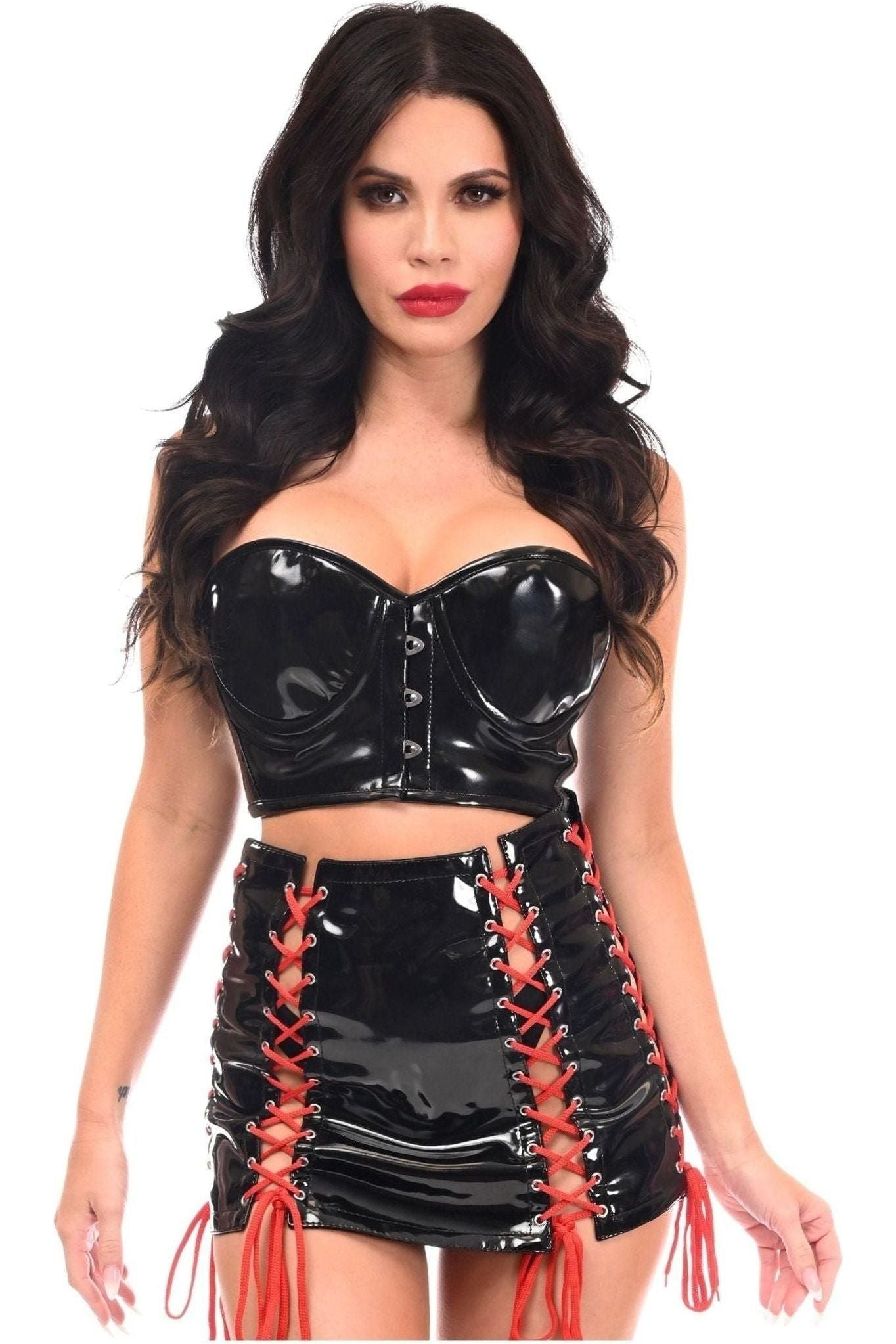 Lavish 2 PC Black Patent Bustier & Lace-Up Skirt Set.
