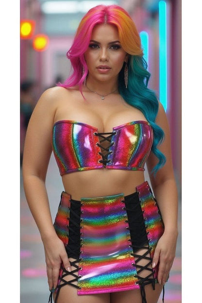 Lavish 2 PC Rainbow Glitter Bustier & Skirt Set
