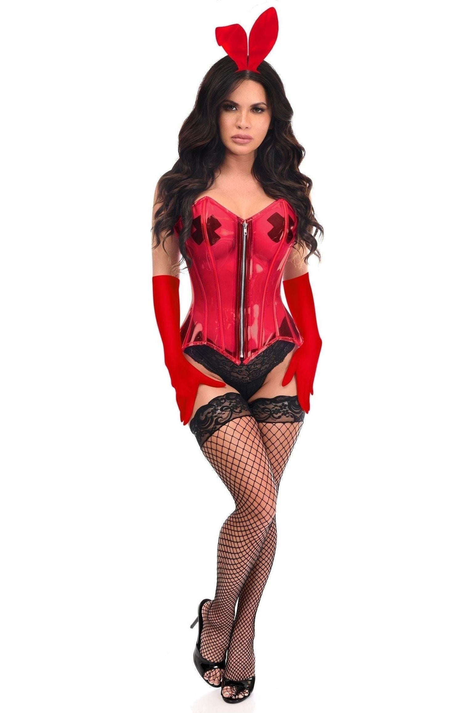 Lavish 4 PC Clear Red Sexy Bunny Corset Costume.