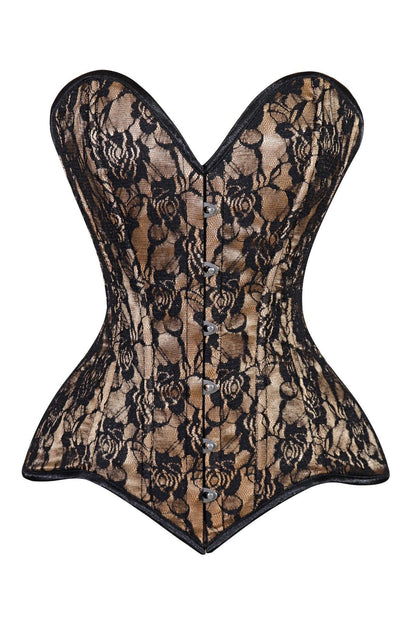 Lavish Beige/Black Lace Overbust Corset Sweetheart Neckline Busk Closure