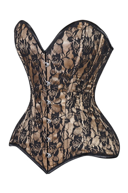 Lavish Beige/Black Lace Overbust Corset Sweetheart Neckline Busk Closure