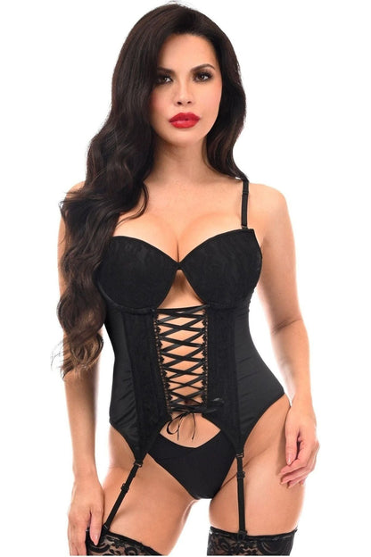 Lavish Black Lycra & Lace Hook & Eye Lace-Up Bustier Corset w/Garters.