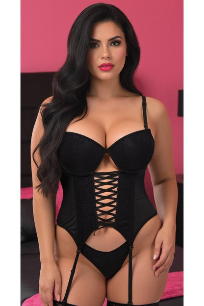 Lavish Black Lycra & Lace Hook & Eye Lace-Up Bustier Corset w/Garters.
