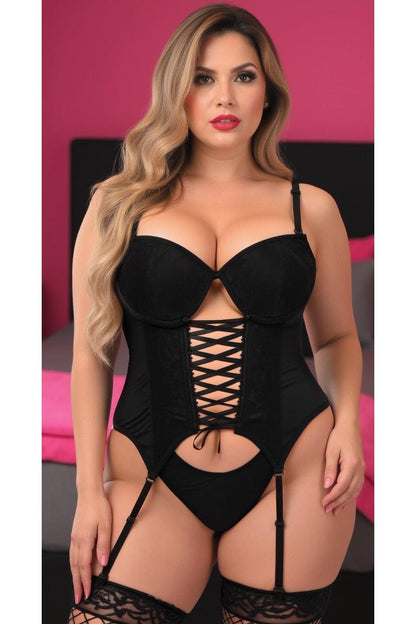 Lavish Black Lycra & Lace Hook & Eye Lace-Up Bustier Corset w/Garters.
