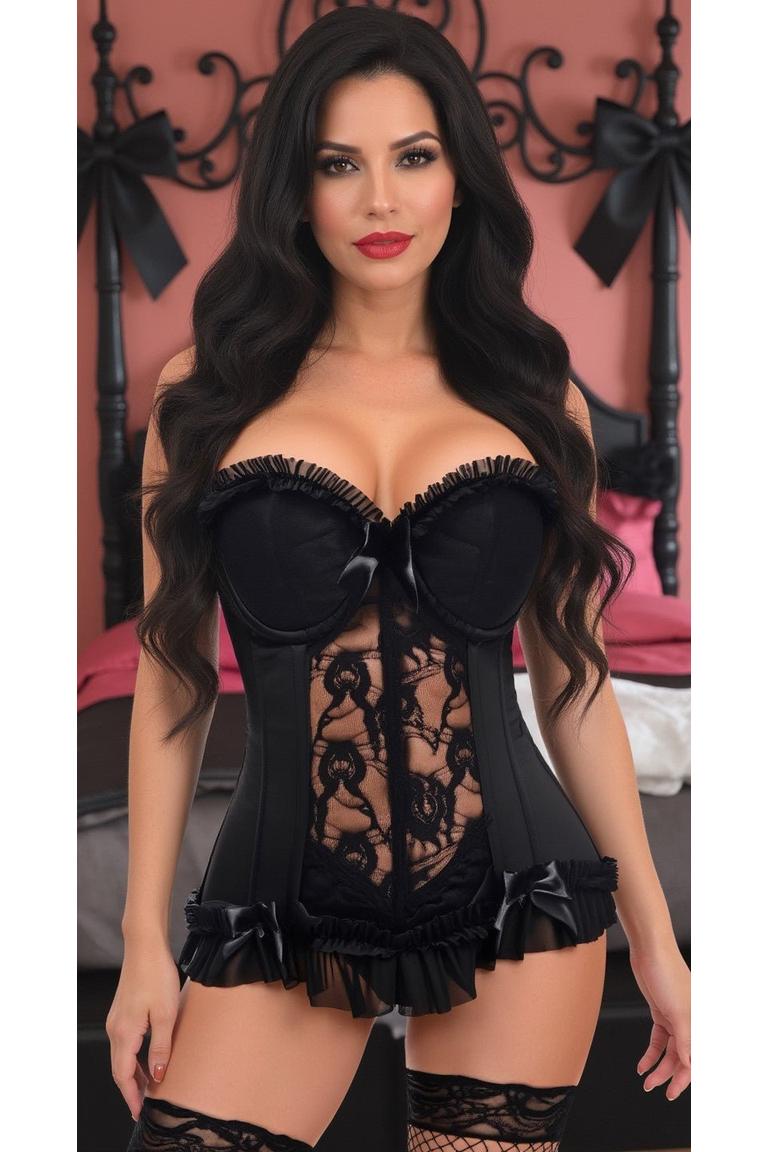 Lavish Black Lycra & Lace Hook & Eye Stretch Bustier Corset.