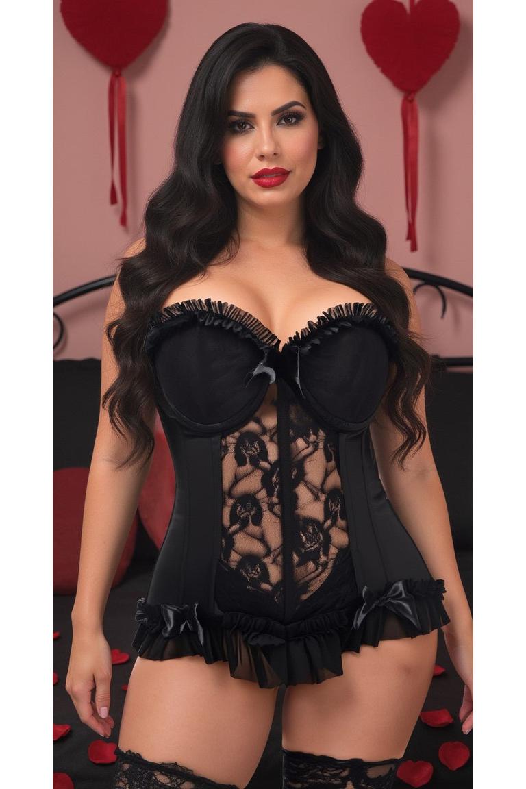 Lavish Black Lycra & Lace Hook & Eye Stretch Bustier Corset.