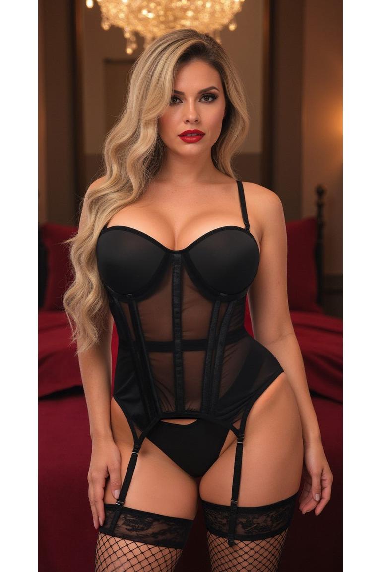 Lavish Black Mesh Underwire Bustier Corset w/Garters.