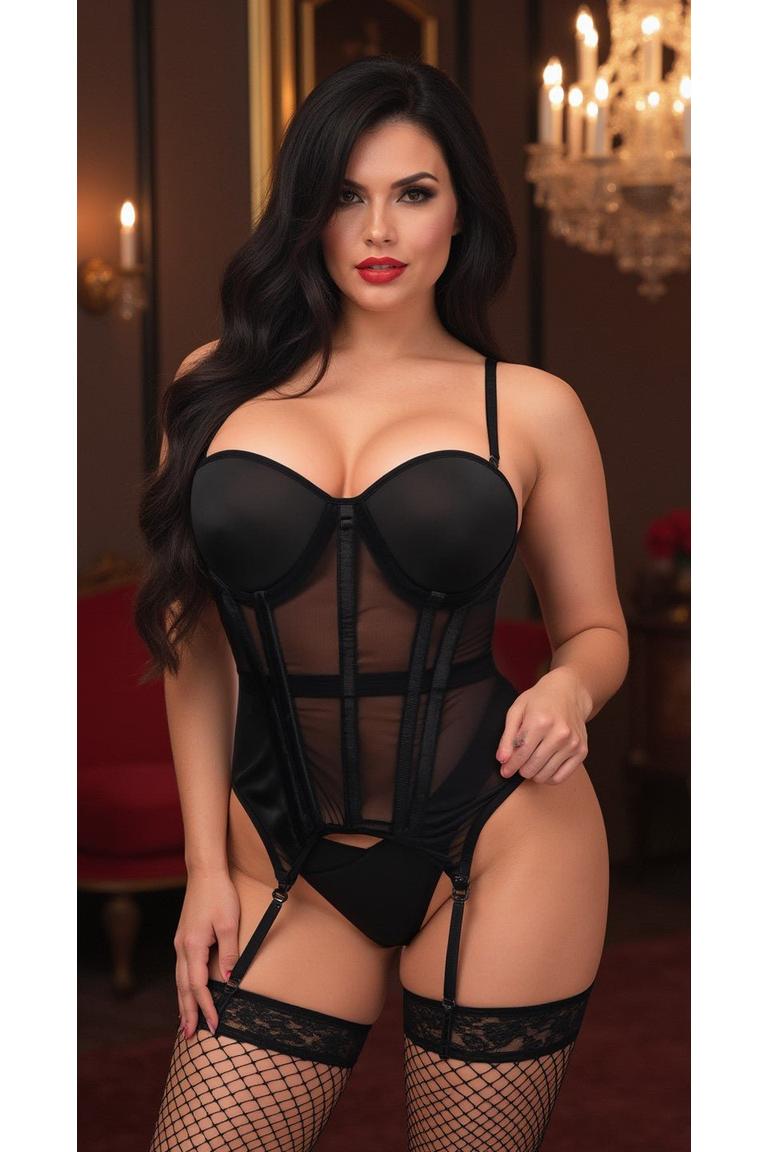 Lavish Black Mesh Underwire Bustier Corset w/Garters.