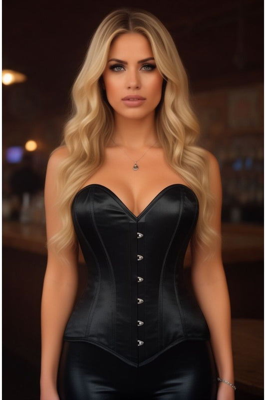 Lavish Black Satin Overbust Corset Sweetheart Neckline Busk Closure