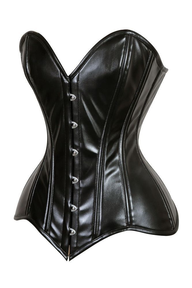 Lavish Black Wet Look Faux Leather Overbust Corset Sweetheart Neckline Busk Closure