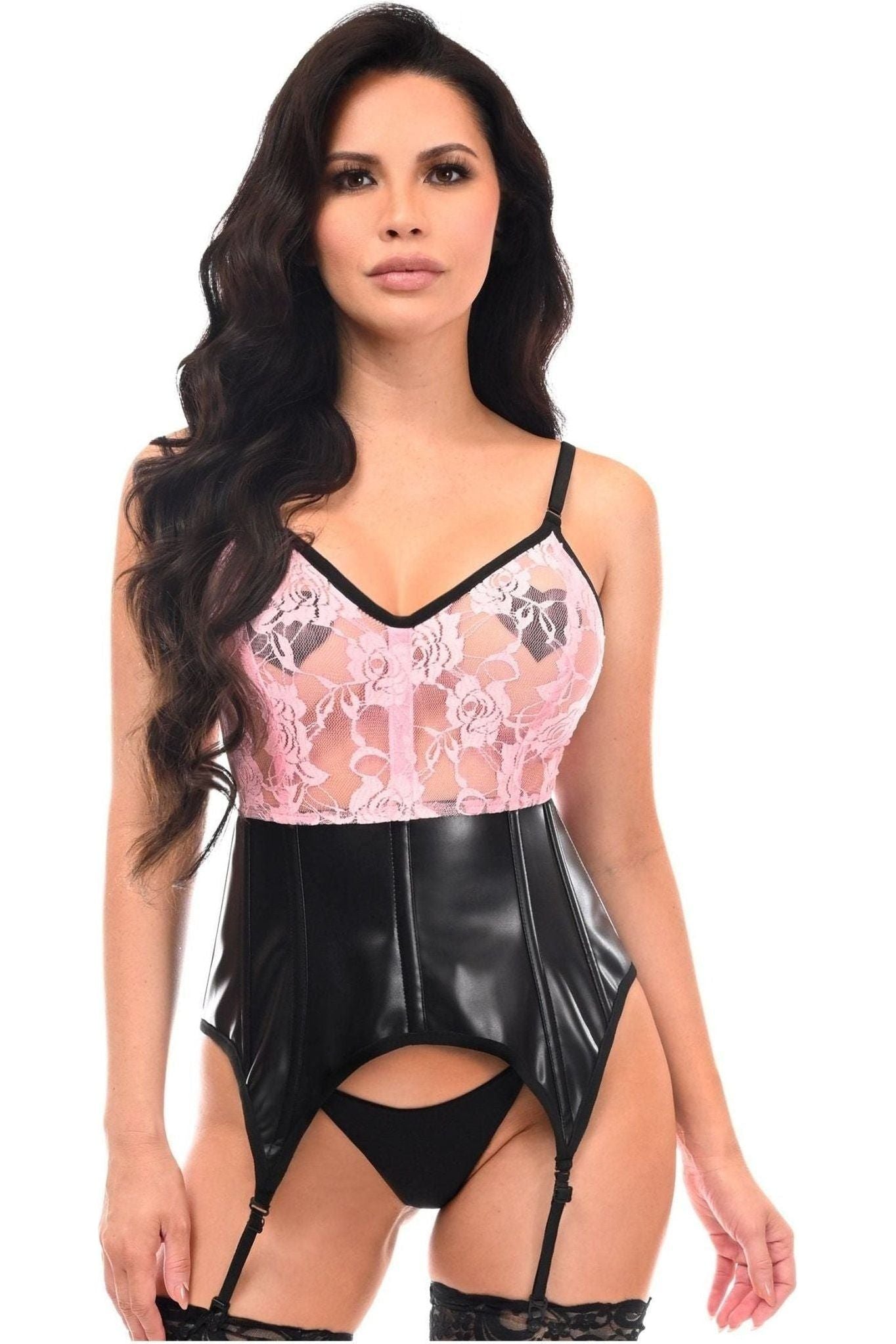 Lavish Black/Pink Wet Look & Lace Bustier Corset w/Garters.