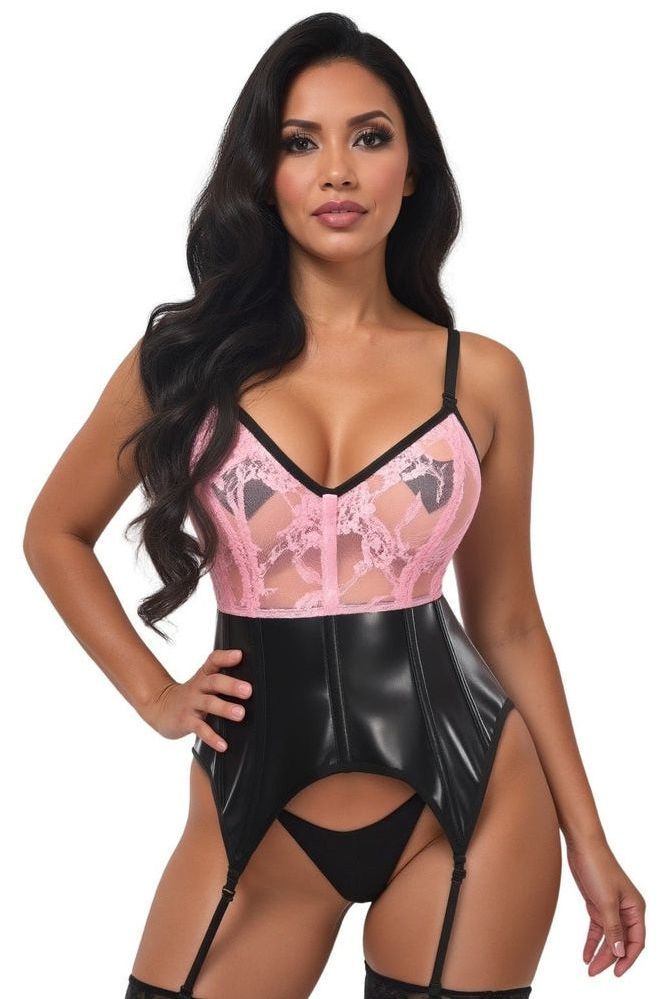 Lavish Black/Pink Wet Look & Lace Bustier Corset w/Garters