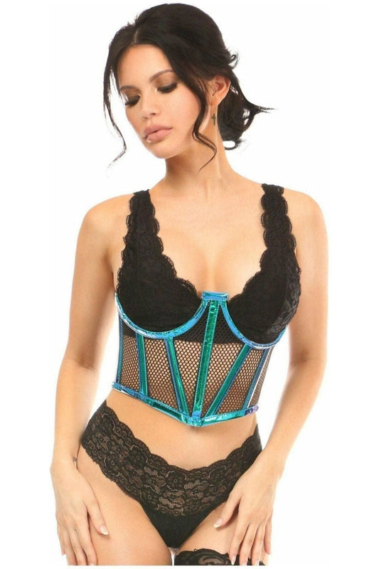 Lavish Blue/Teal Holo & Fishnet Underwire Waist Cincher Corset