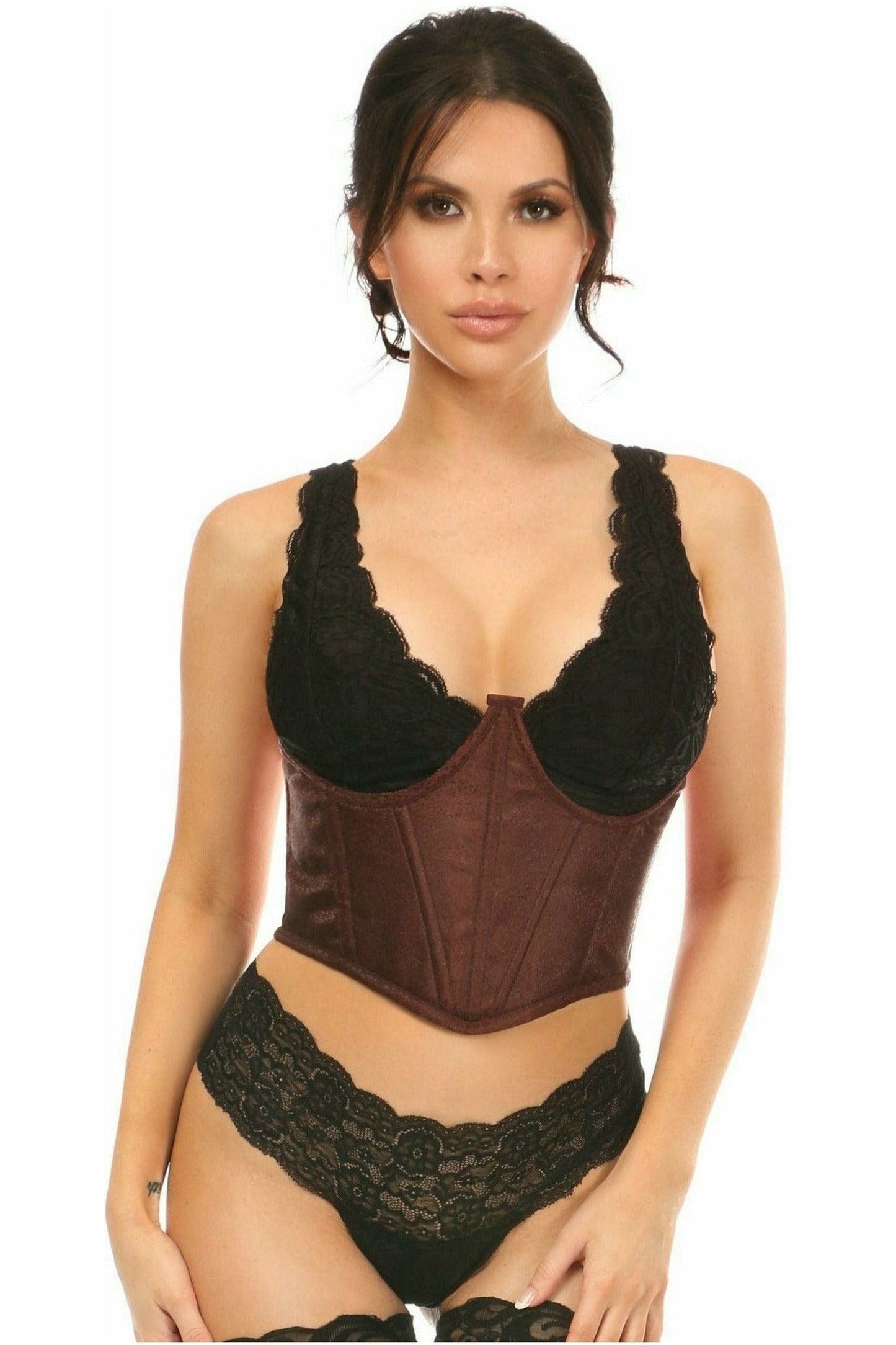 Lavish Dark Brown Brocade Open Cup Waist Cincher