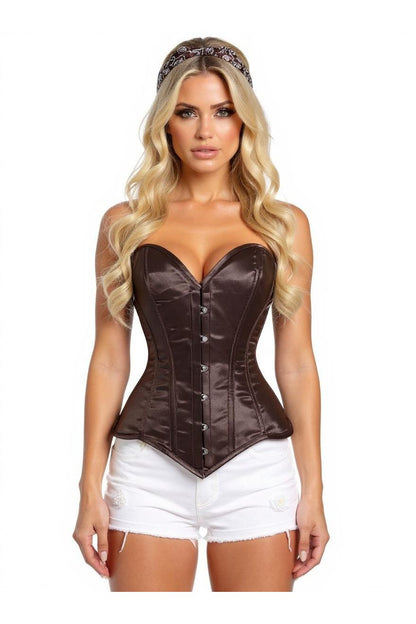 Lavish Dark Brown Satin Overbust Corset Sweetheart Neckline Busk Closure