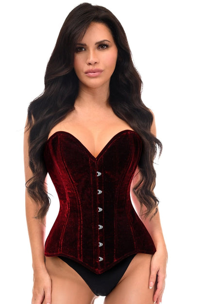 Lavish Dark Red Velvet Overbust Corset Sweetheart Neckline Busk Closure