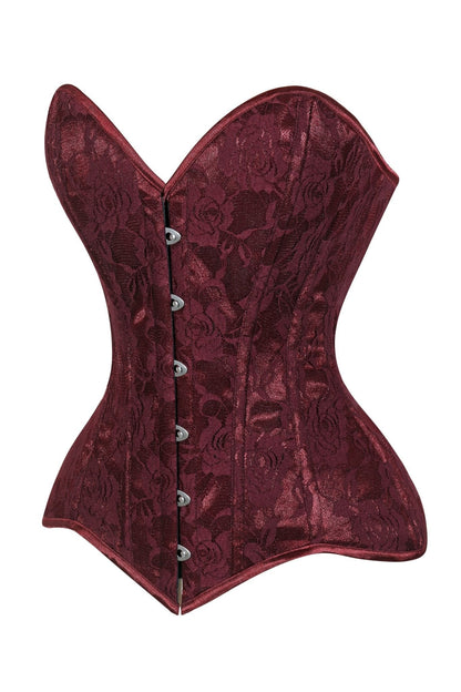 Lavish Dark Red Wine Lace Overbust Corset Sweetheart Neckline Busk Closure