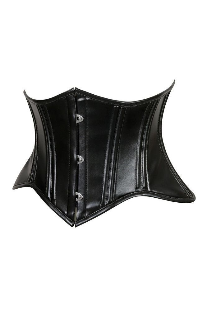 Lavish Double Boned Black Wet Look Faux Leather Curvy Cut Mini Cincher Underbust Corset