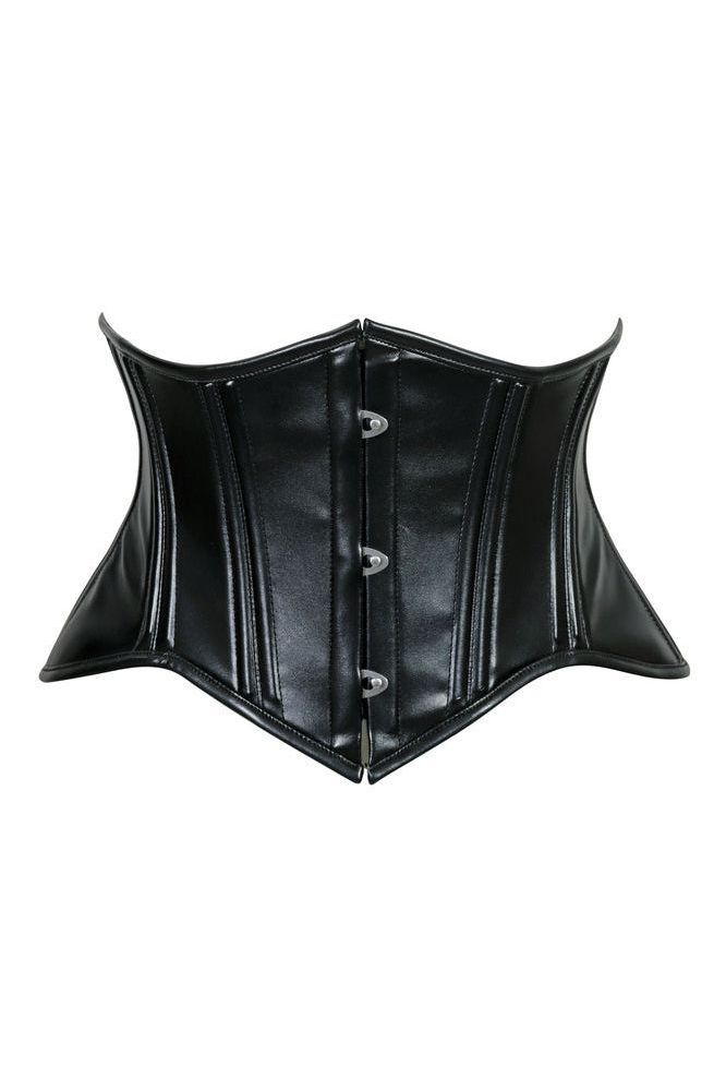 Lavish Double Boned Black Wet Look Faux Leather Curvy Cut Mini Cincher Underbust Corset