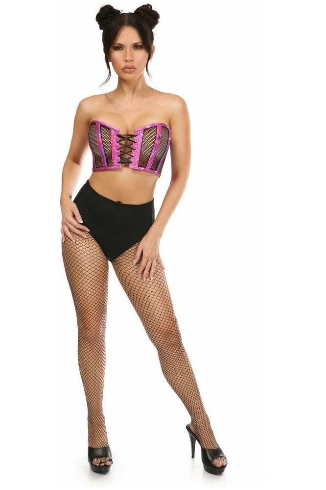 Lavish Fuchsia Holo & Fishnet Lace-Up Short Bustier Top