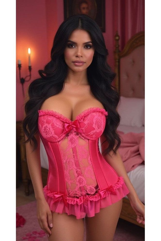 Lavish Fuchsia Lycra & Lace Hook & Eye Stretch Bustier Corset