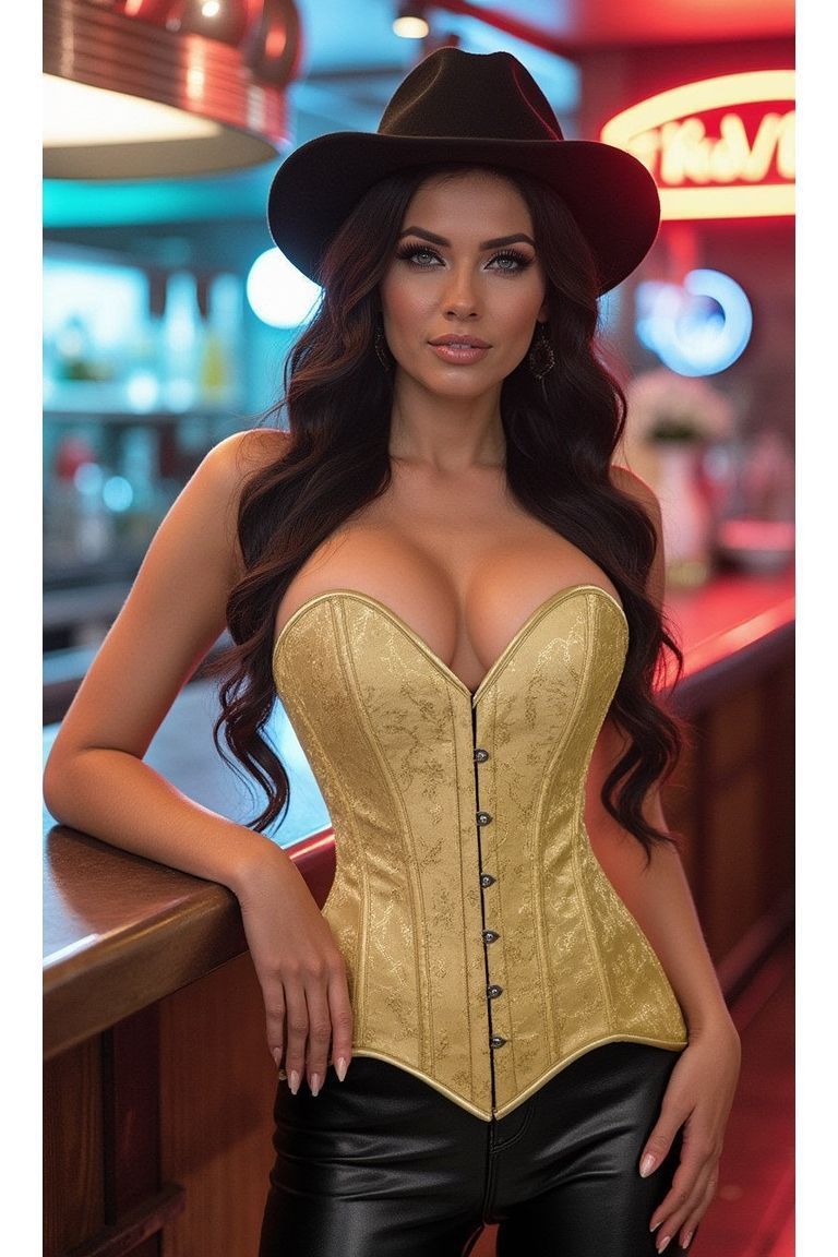 Lavish Gold Brocade Overbust Corset W/Busk Closure