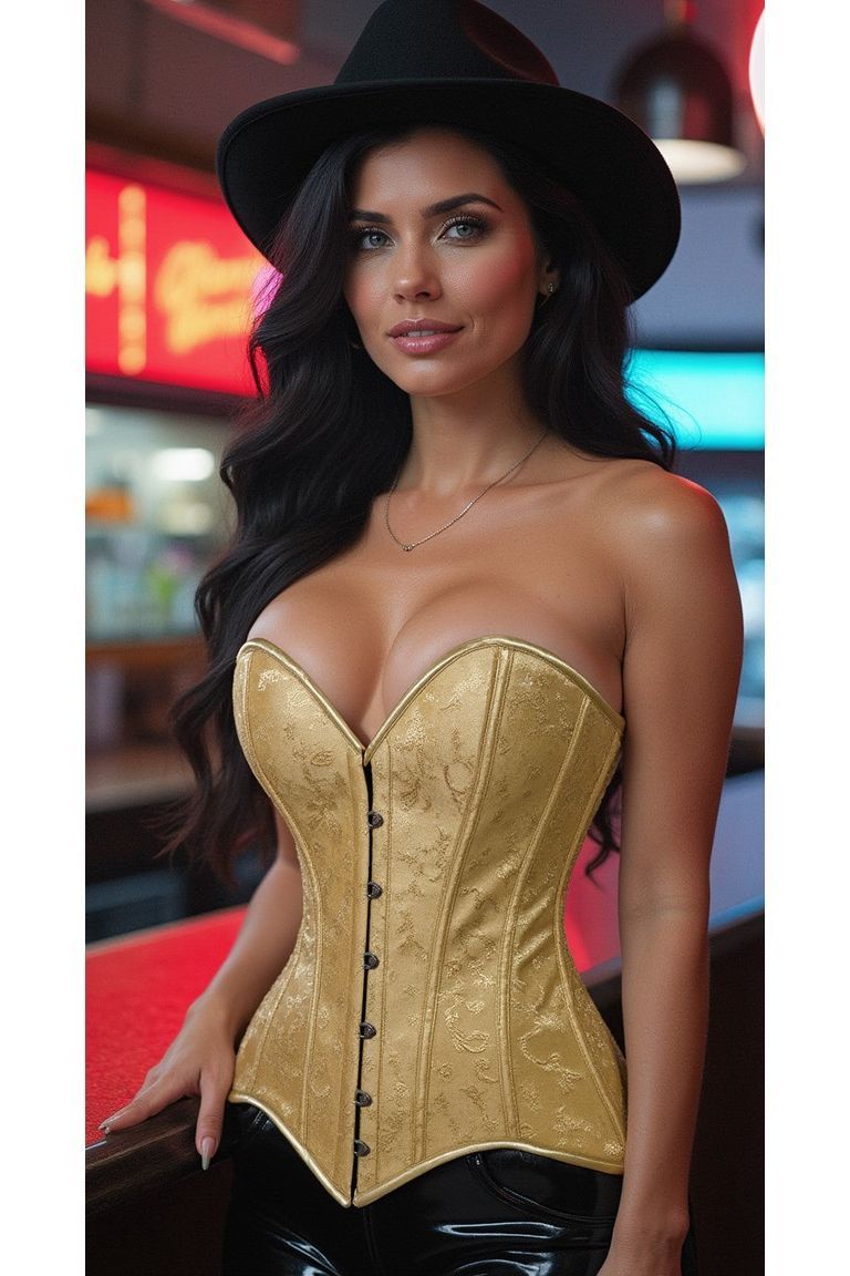 Lavish Gold Brocade Overbust Corset W/Busk Closure