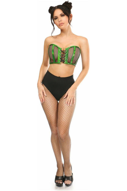 Lavish Green Holo & Fishnet Lace-Up Short Bustier Top